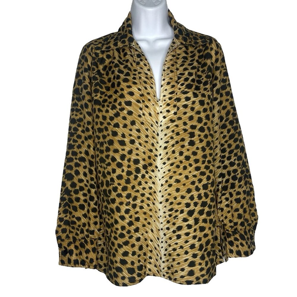 Vintage 70s King James Cheetah Leopard Satin Popover Tunic Blouse Shirt Size 12